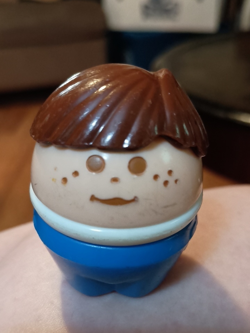Vintage Little People Style Brown-Haired Figure in Blue